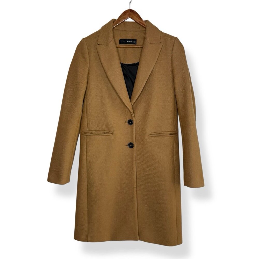 Zara Womens Coat XS Tan Single Breast Knee Length Professional Corpcore Office
